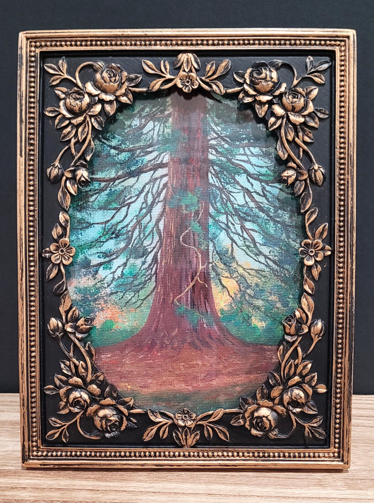 Tree Landscape Forest Original Hand-Paint Acrylic New 5×7/6.5×8.5 in Framed Deco