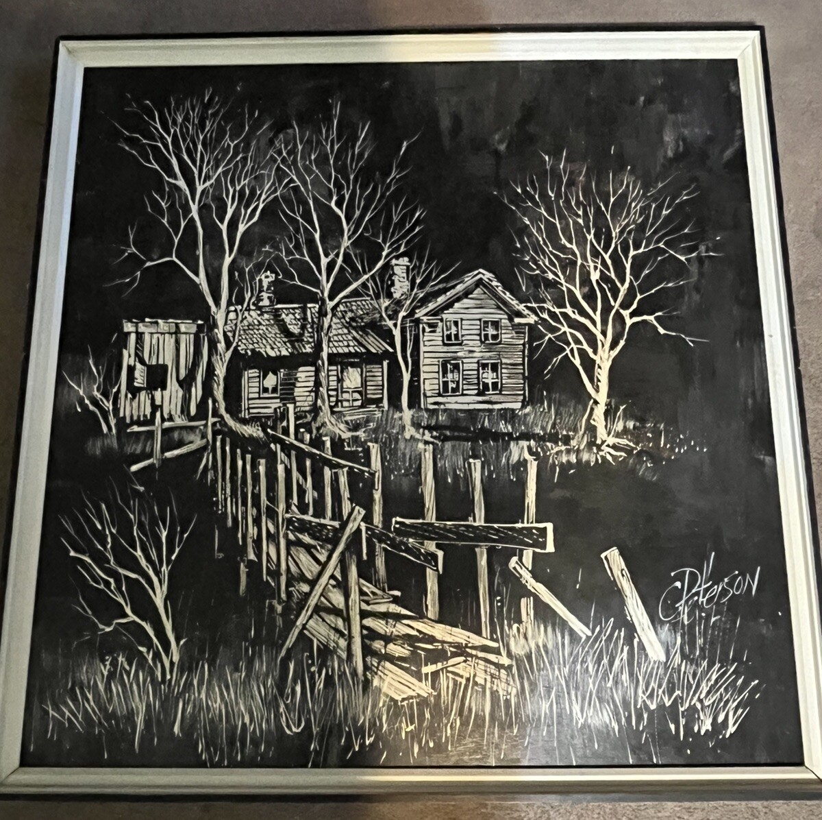 LARGE BLACK & WHITE LOG CABIN PAINTING BY C PETERSON 37 X 37” FRAMED ART