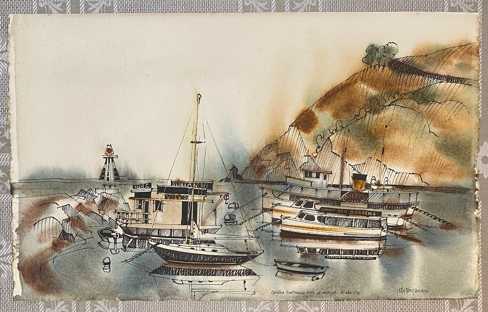 JODY BRYAN “CATALINA SIGHT SEEING BOATS AT MOORING” ORIGINAL PAINTING 1972