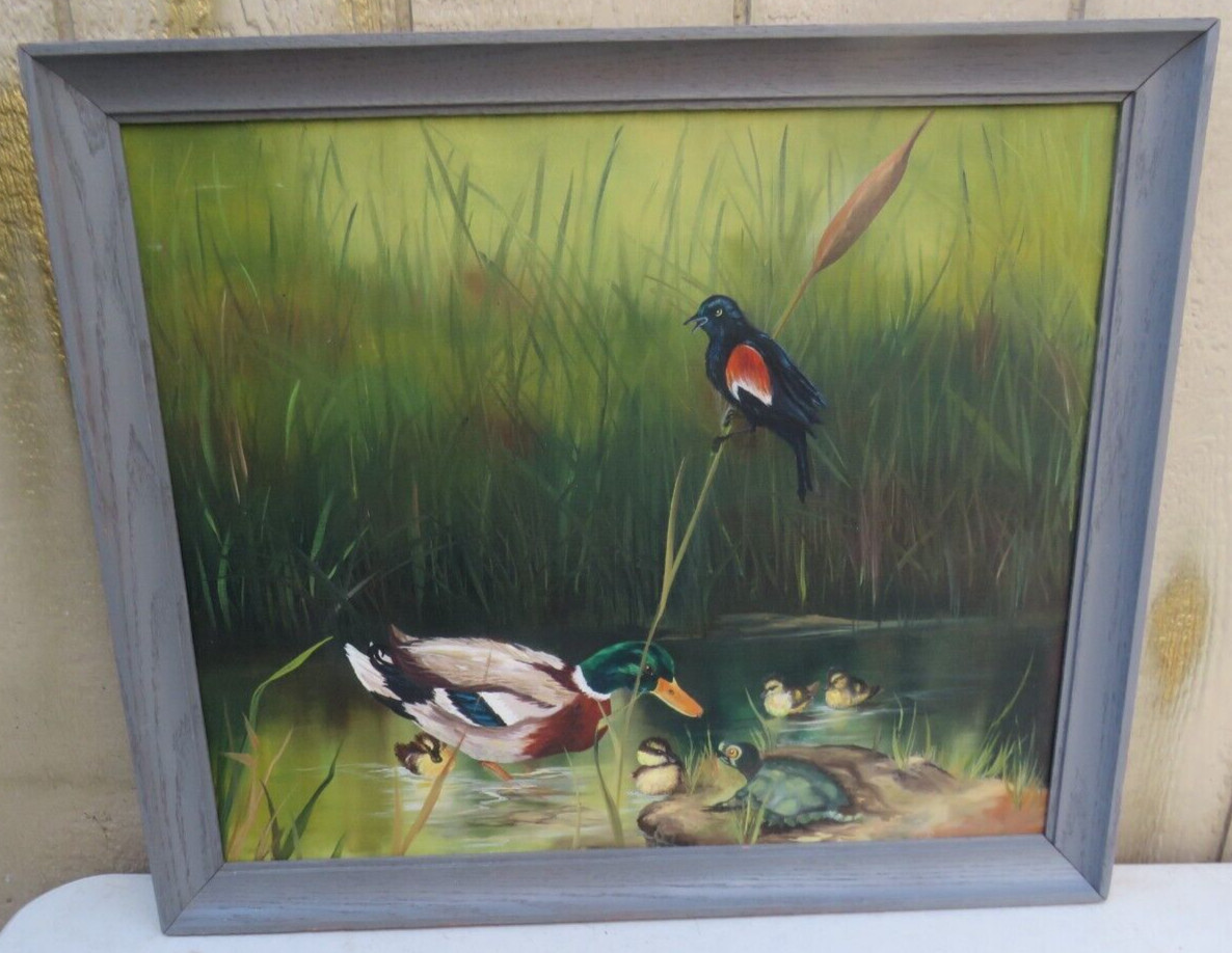 CHARMING OIL ON CANVAS PAINTING OF MALLARD DUCK AND DUCKLINGS IN POND WITH REEDS