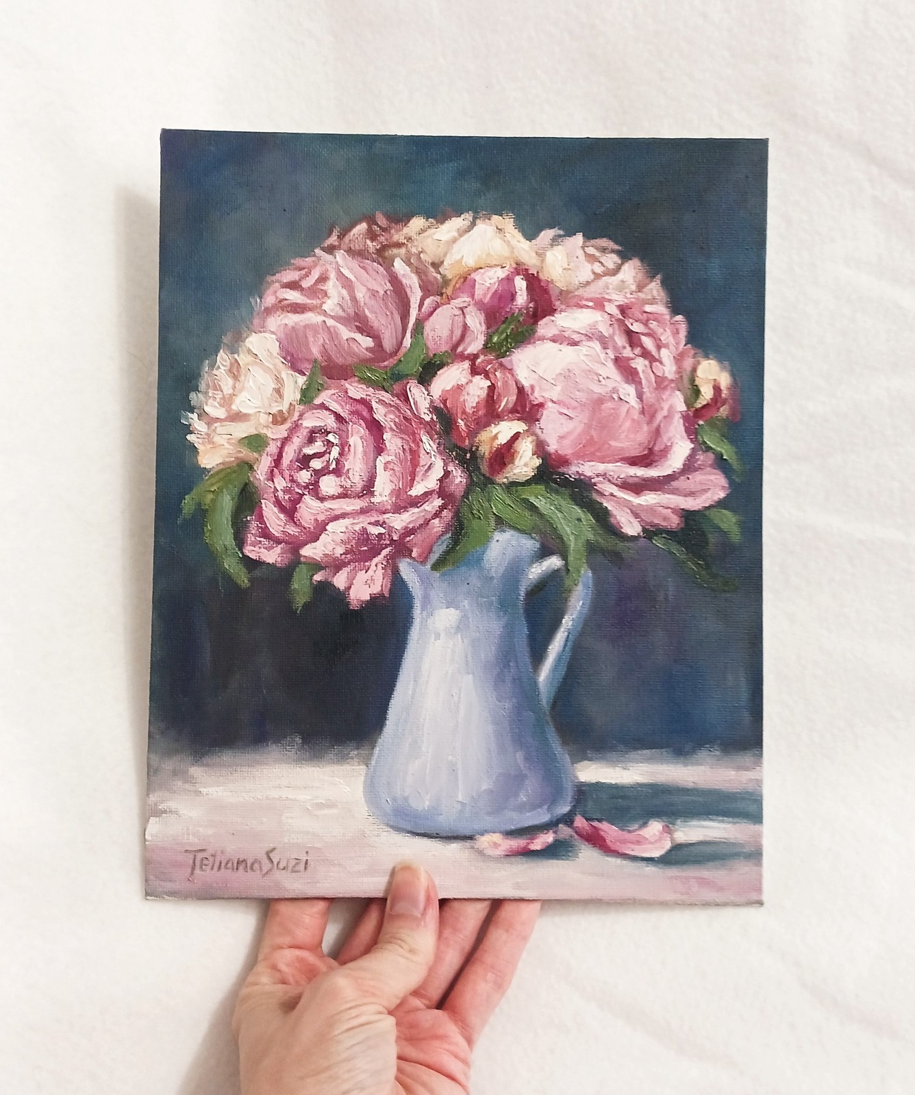 Peony ORIGINAL Oil Painting Vintage Flowers in Vase Still Life 8″ x 10″