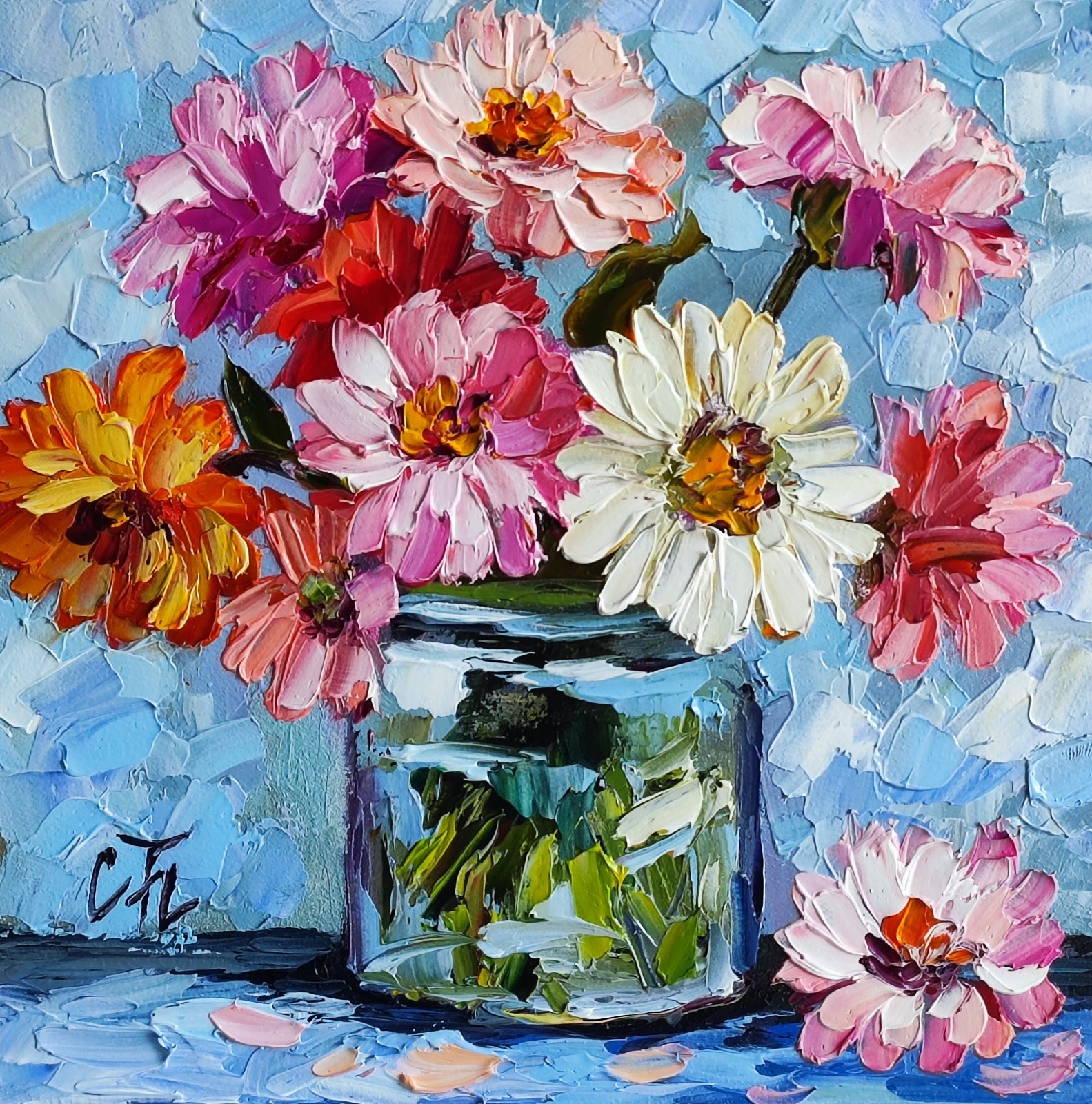 original oil painting Zinnia Colorful Flowers Vase impasto Floral art 6*6 in