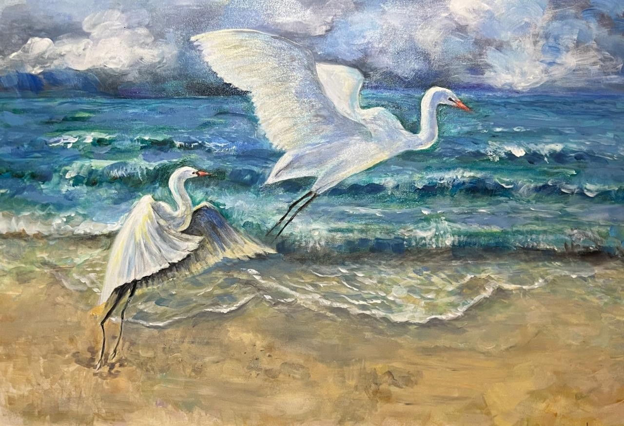 Art Painting Beach Coastal Nautical Landscape Egrets Herons Birds by Joan Eaton