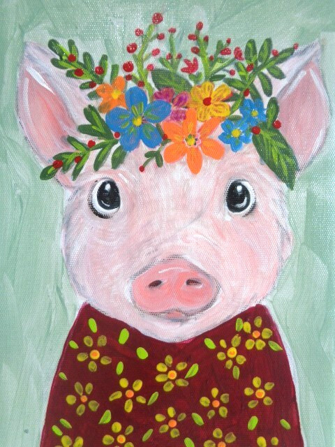 One Of A Kind Original CUTE COUNTRY FARM LITTLE PIG Acrylic Painting On CANVAS
