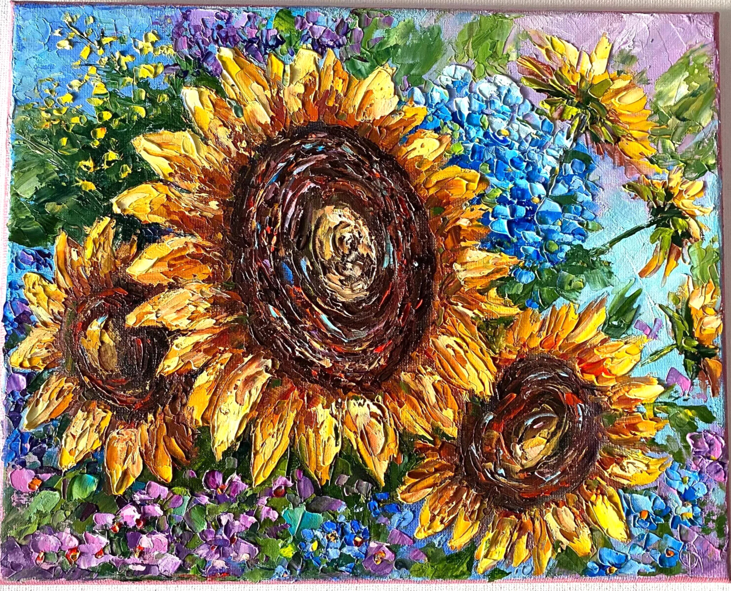 SUNFLOWERS ORIGINAL OIL Painting impasto 10″x 8″ by Olga Diduh.