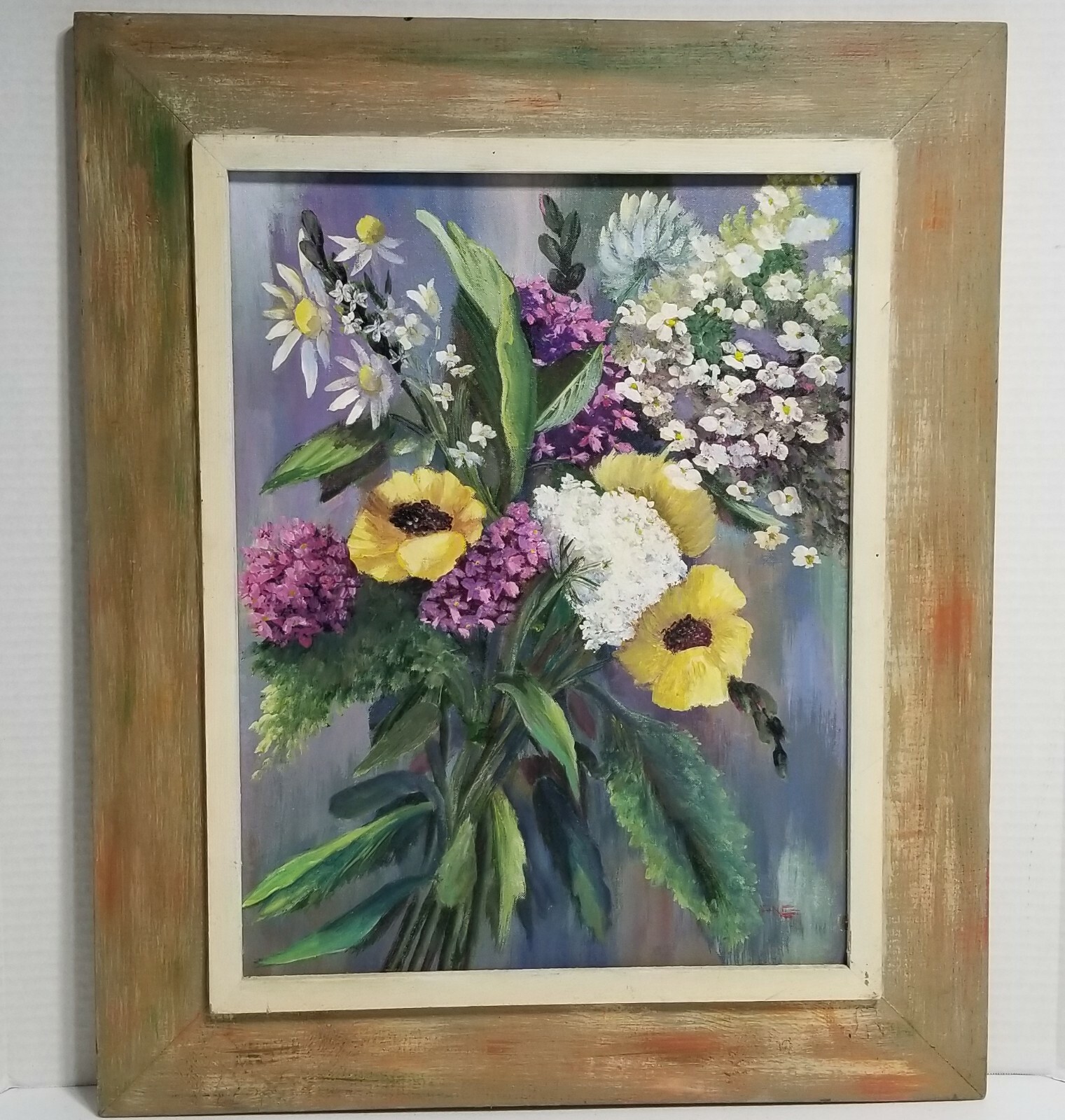 Vintage Signed & Framed Purple White Yellow Hand Full of Flowers, Painting Art