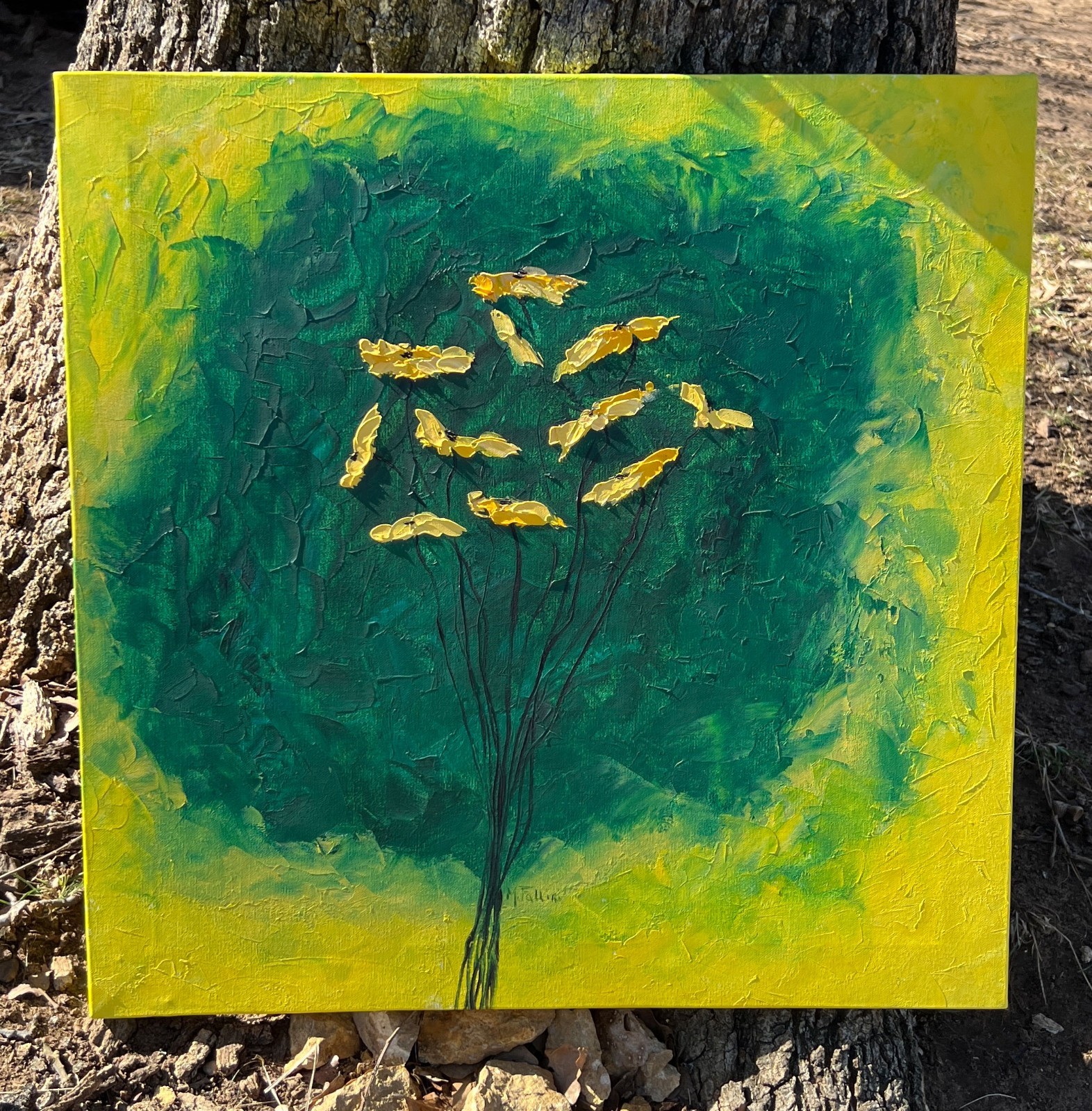 Yellow Poppies on green painting on canvas original by artist 20in x 20in