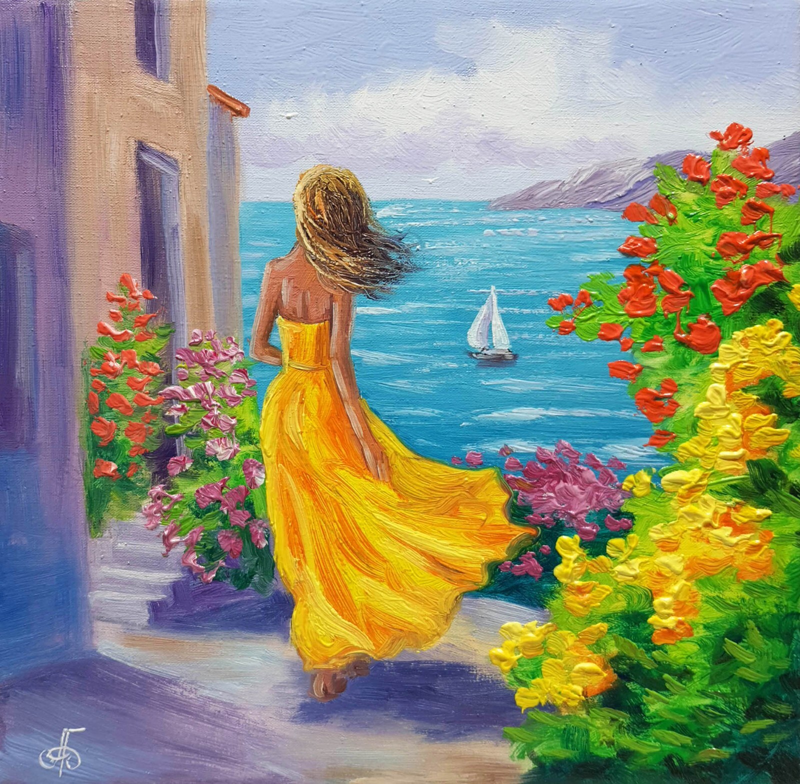 Ukrainian Artist Original Woman Seaside Hand Painted Artwork Decor Gift Wall Art
