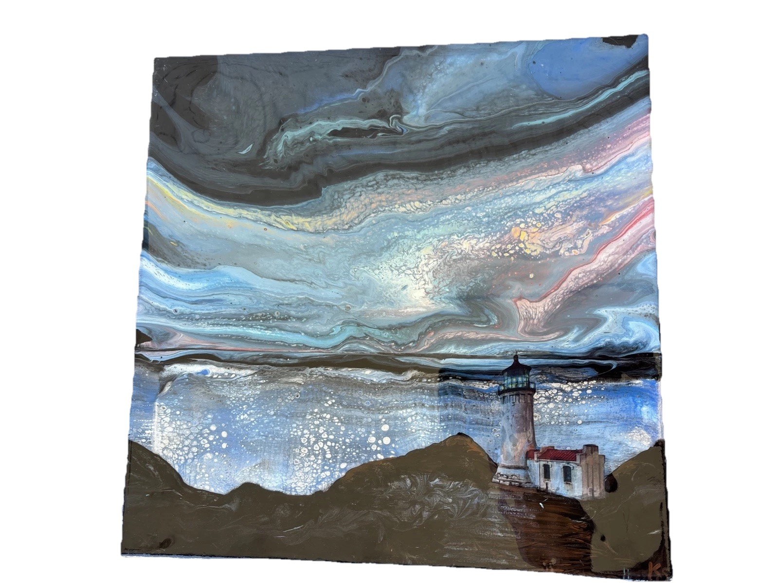 North Head Lighthouse Abstract Signed Original Artist 12 X 12 Epoxy ab1