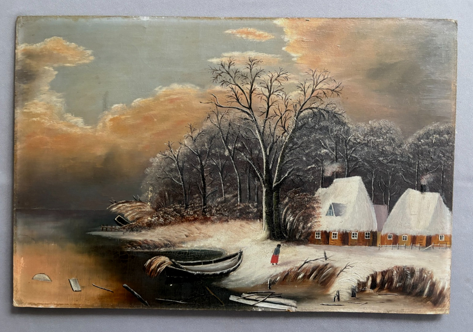 ANTIQUE 19th Century FOLK ART Oil Painting on Board – COTTAGES on the LAKE