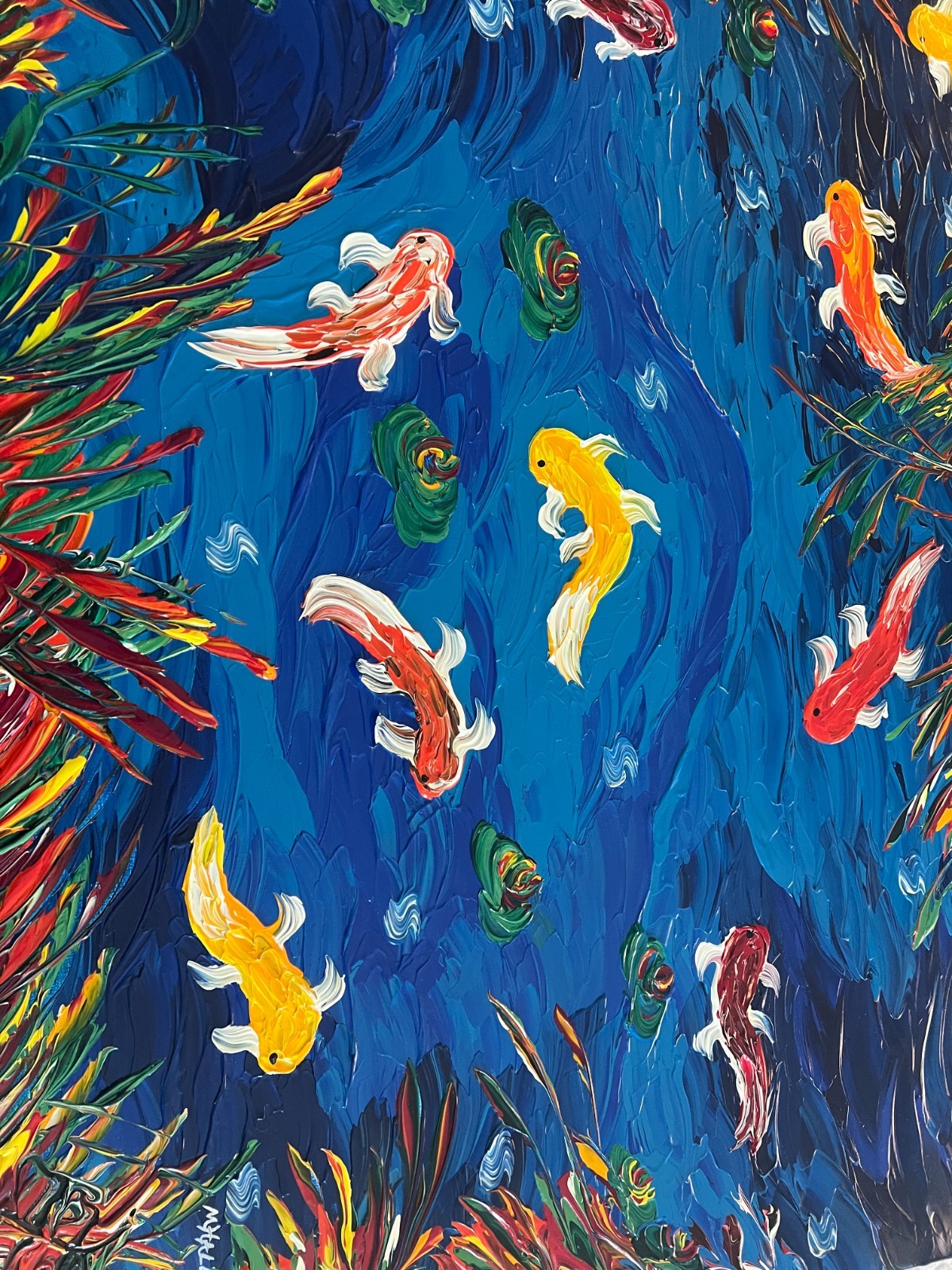 Vibrant original abstract by Michael Hall 36″x48″ Koi fish