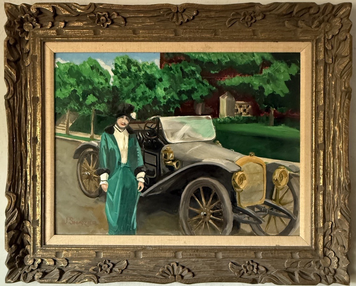 JAMES SHAVER ANTIQUE FIGURATIVE AUTOMOBILE LANDSCAPE OIL PAINTING VINTAGE CAR 40