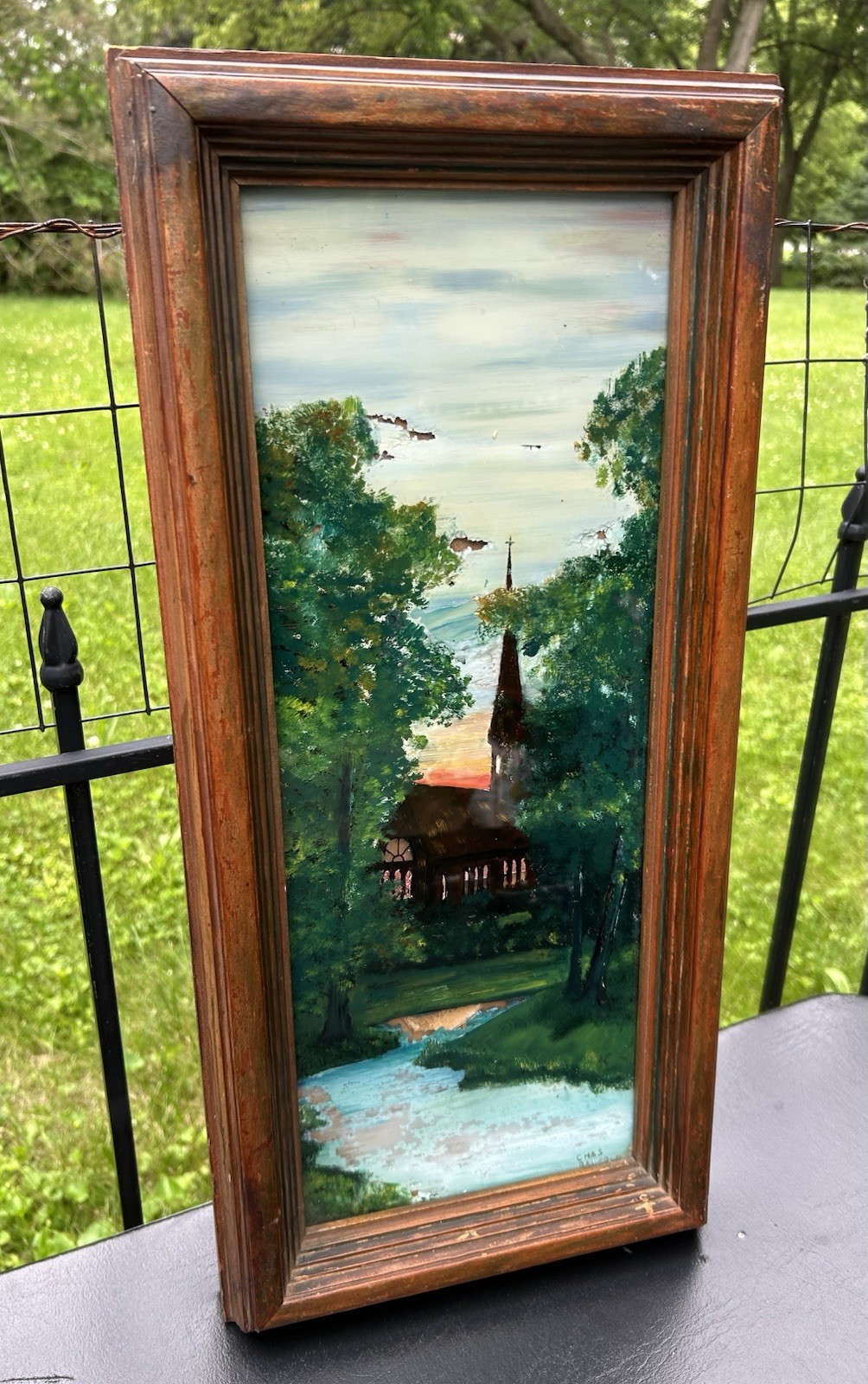 Antique Wood Frame Reverse Painted Church Landscape Germany Signed Chas Bauerle