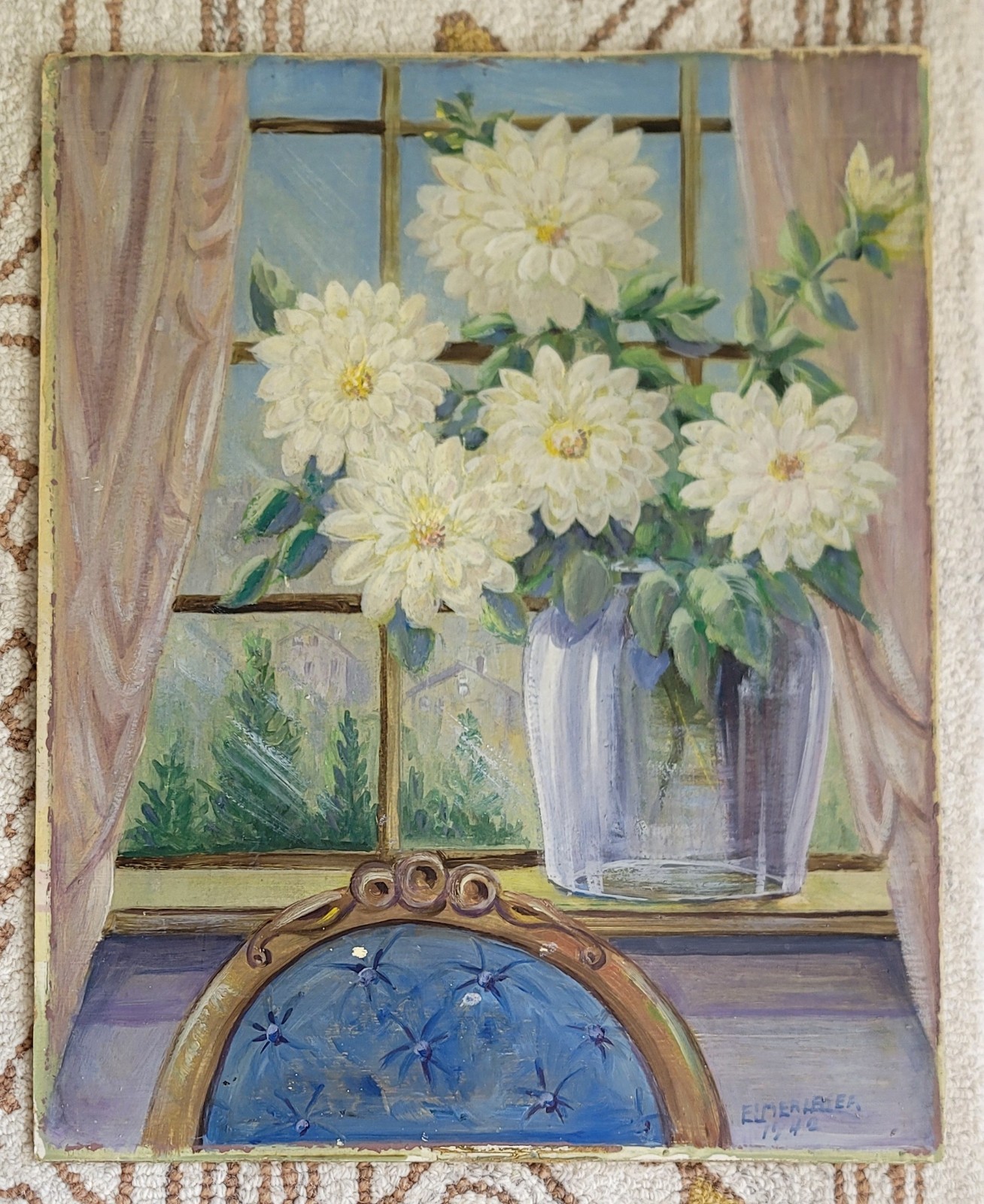 ELMER LAKER 1942 Oil Painting On Board, Daisies In The Window Still Life Flowers