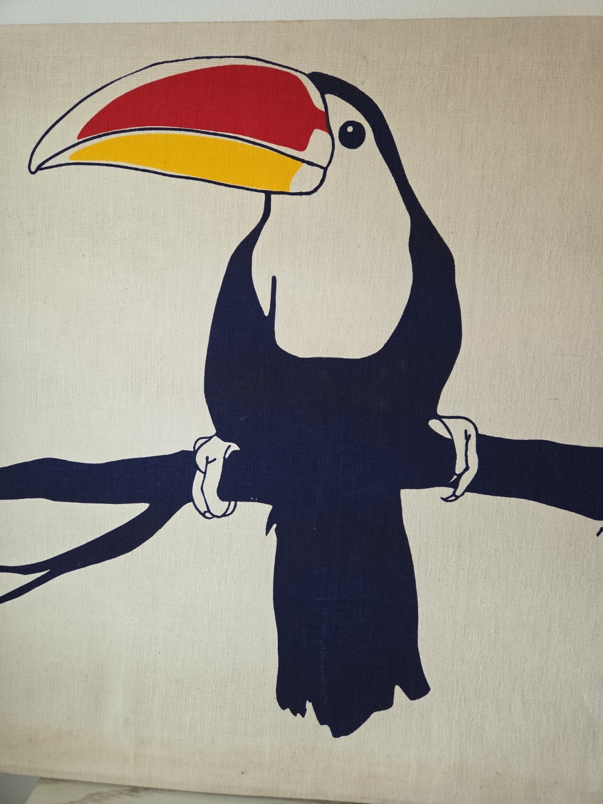 Vintage Marushka Canvas Screen Print Toucan On Branch 26 X 26 1970s Signed
