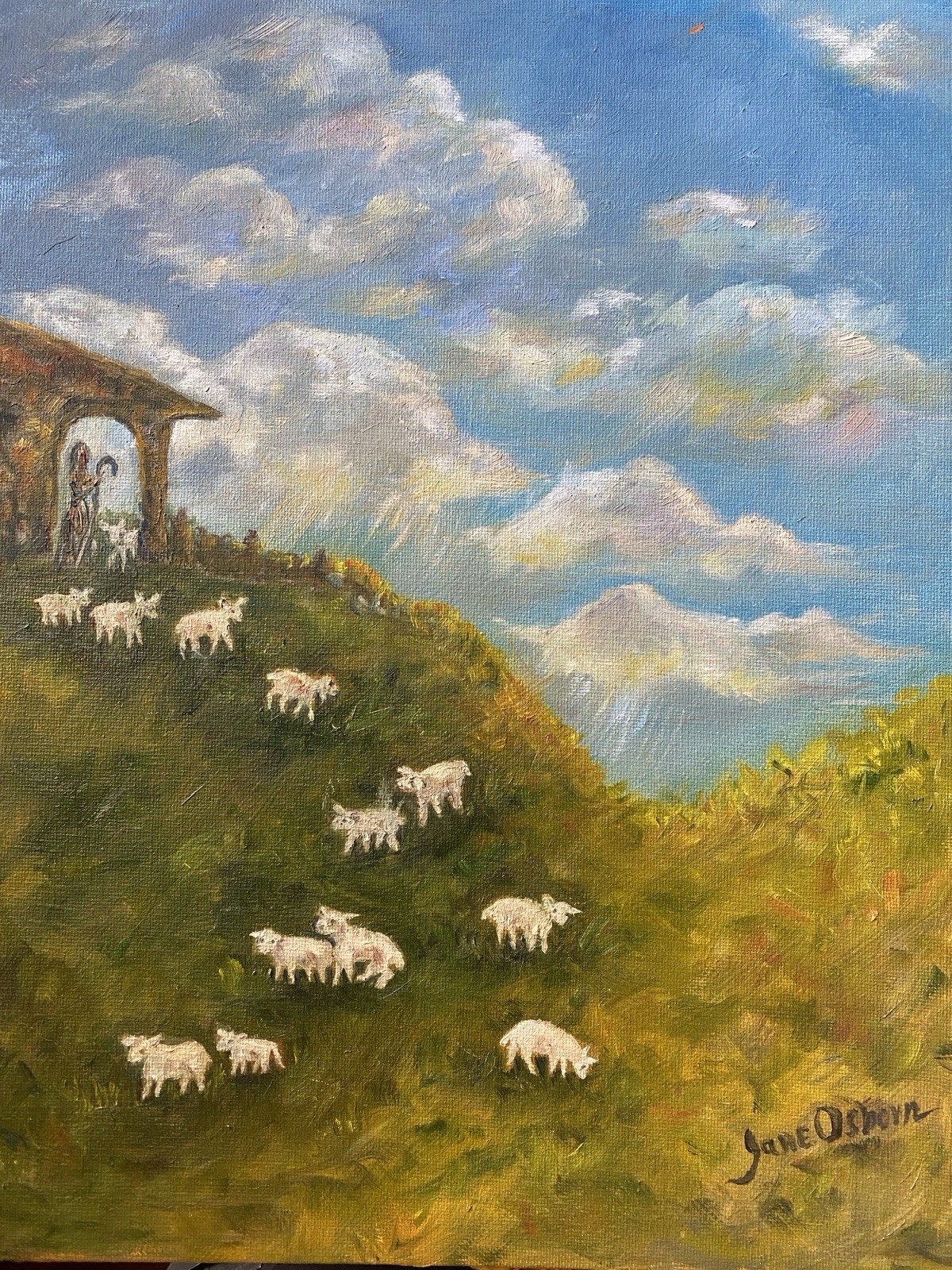 Original Oil Sheep With Shepherd Landscape Painting 11×14”