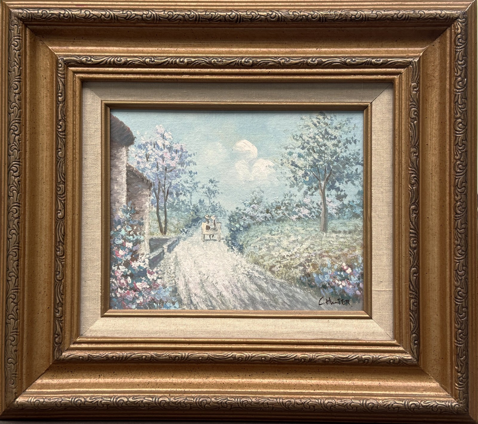 VTG MCM Orig. Impressionist Landscape O/B «Park Scene» Signed C. Hunter, Framed!