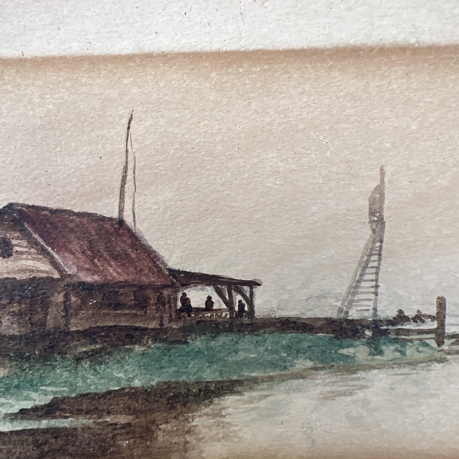 Watercolor on Paper signed dated 1916 house on Bay boat 11″ x 3 1/2″