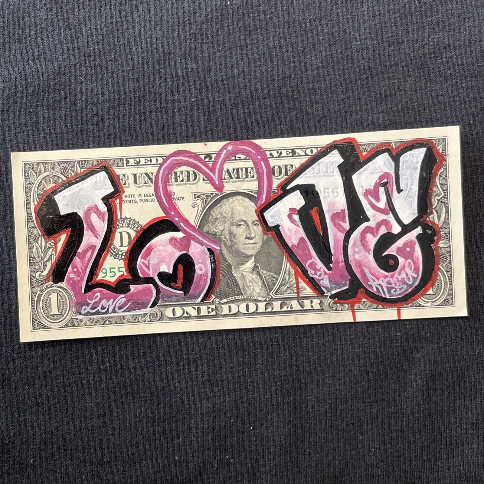 LOVE 1 Dollar bill Original painting Graffiti Art Street Art Currency Art