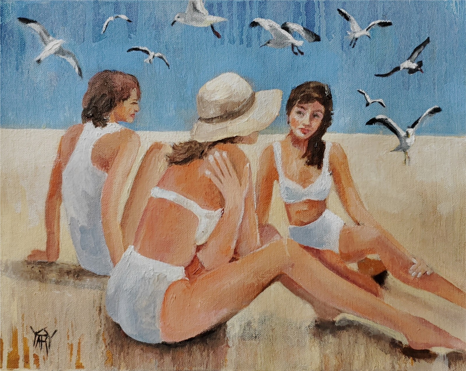 YARY DLUHOS Beach Ocean Women Figures Seashore Summer Original Art Oil Painting