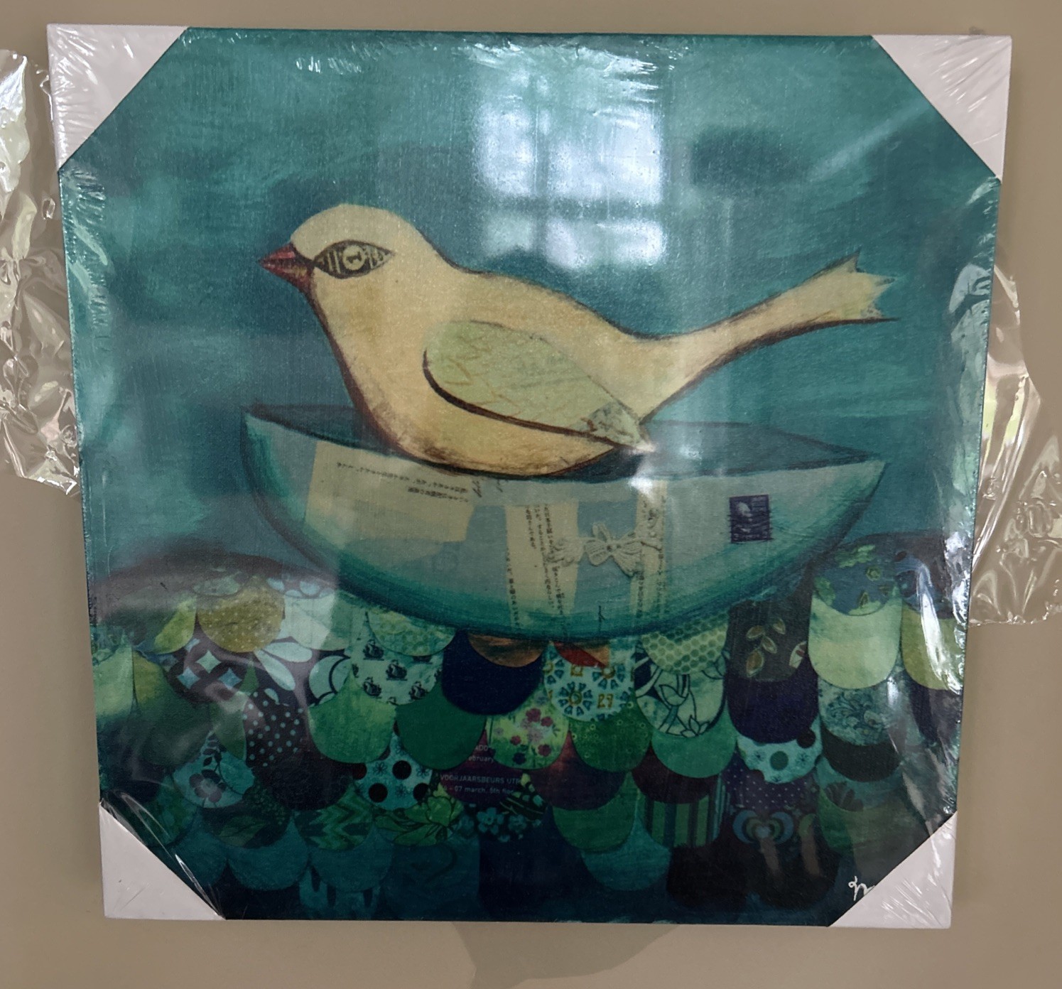 16”X16” mixed-media painting of a bird in a bowl, signed «Mati.»