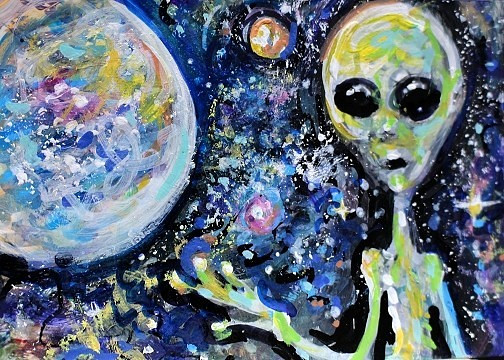 Original ACEO Painting ALIEN Spaceship Stars ET Martian Universe UFO ATC ART