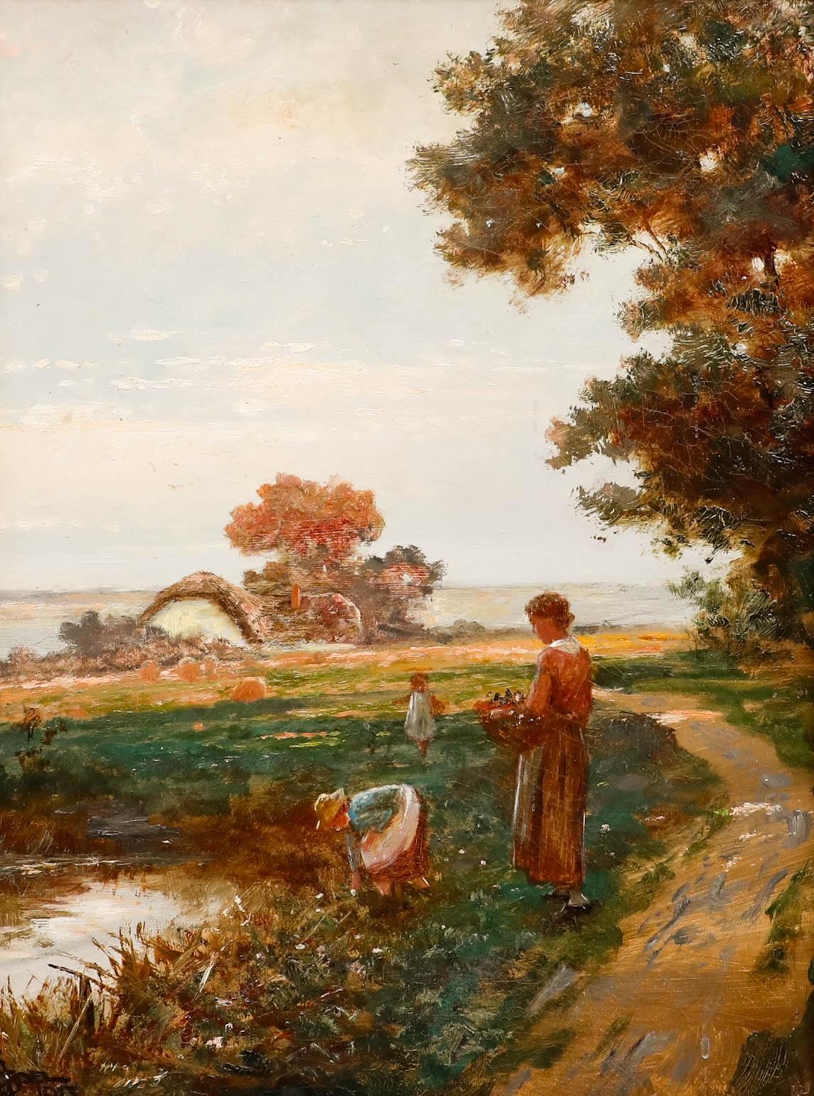German School 1913 Oil – Collecting Flowers