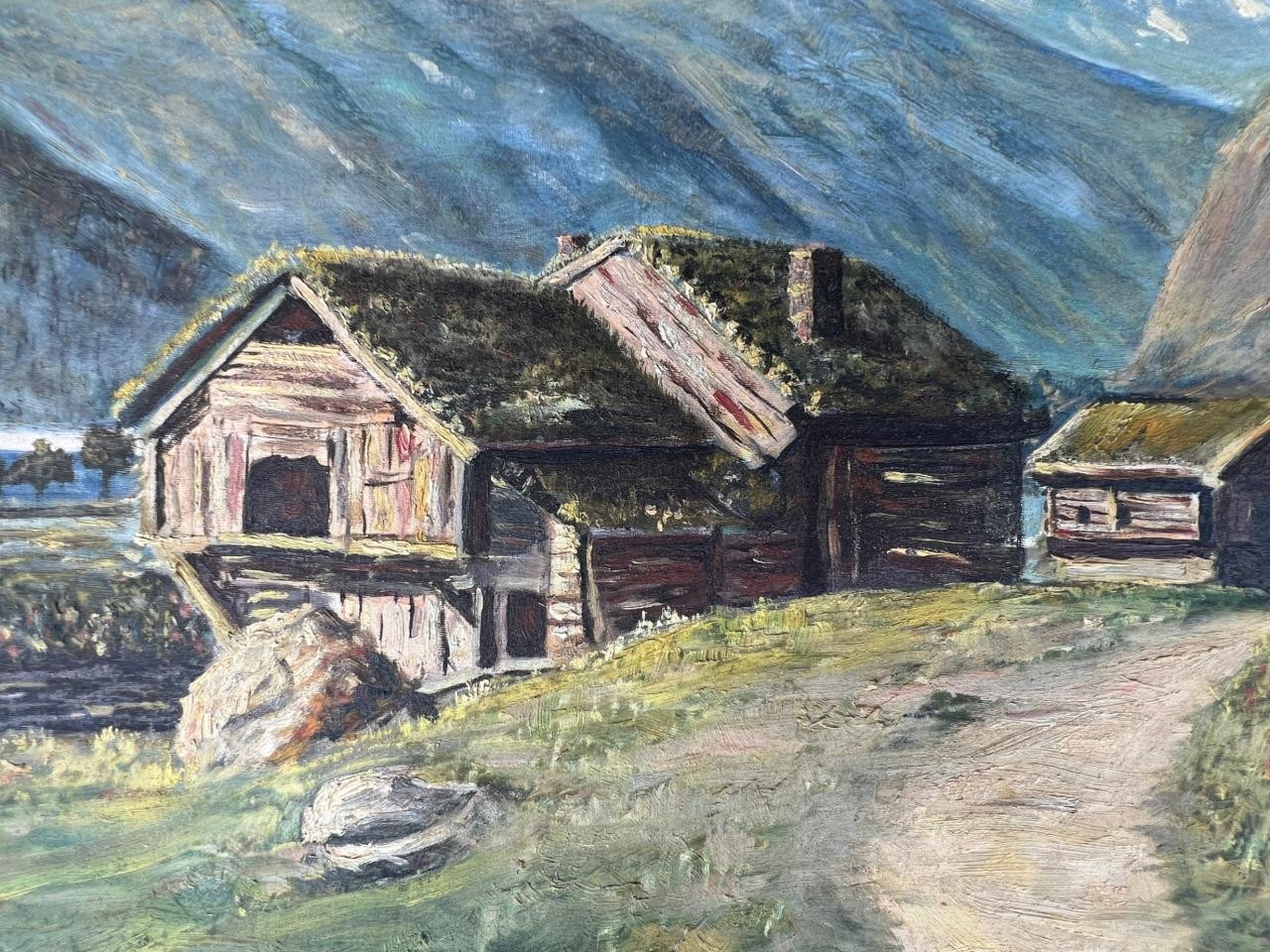 Original Signed G Bjolstad Oil Painting Landscape European Mountain Cabin Chalet