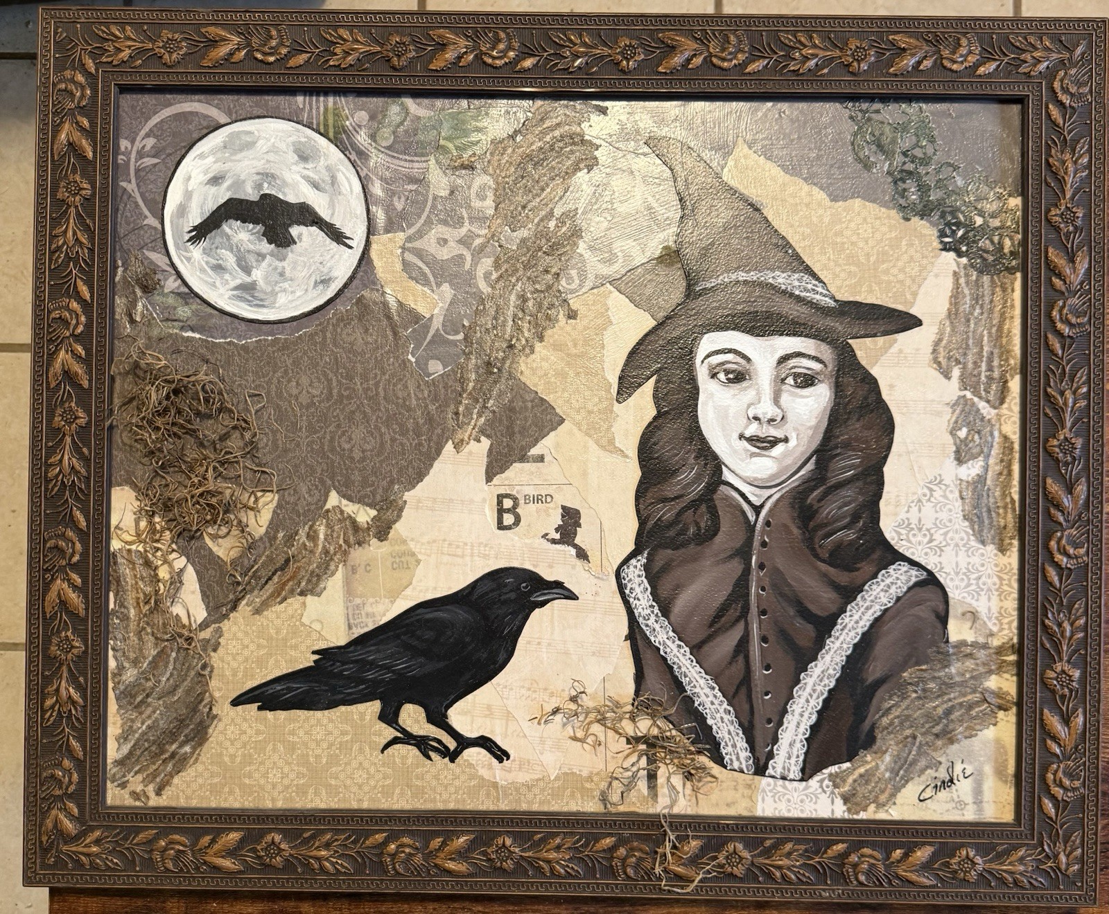 Original OOAK Witch & Ravens Acrylic & Collage Horizontal Framed To 19” X 23”