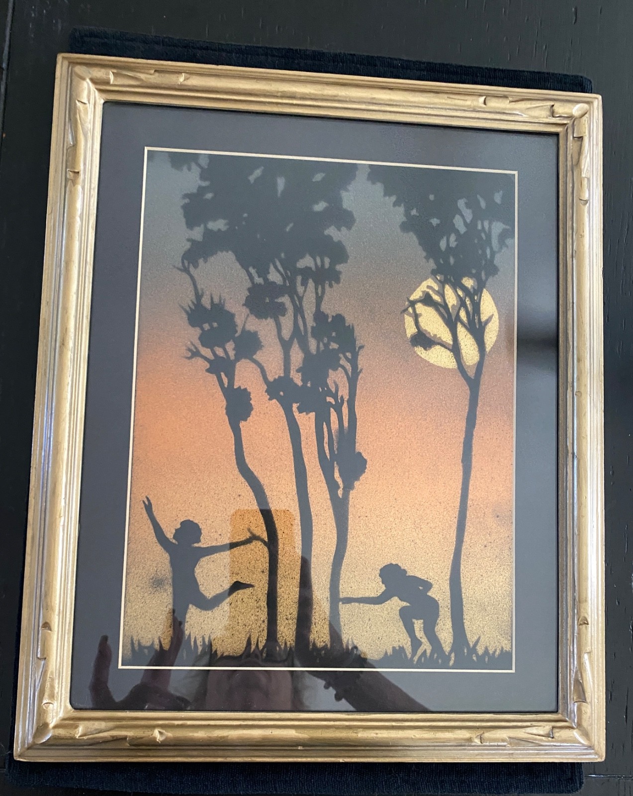 VTG Framed Art Reverse Paint Silhouette Figures Sunset Scene Trees Moon