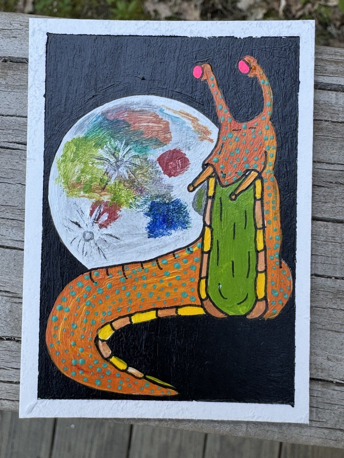 ACEO Original Actually Handmade Acrylic Cute Snail Planet Space Trading Art Card