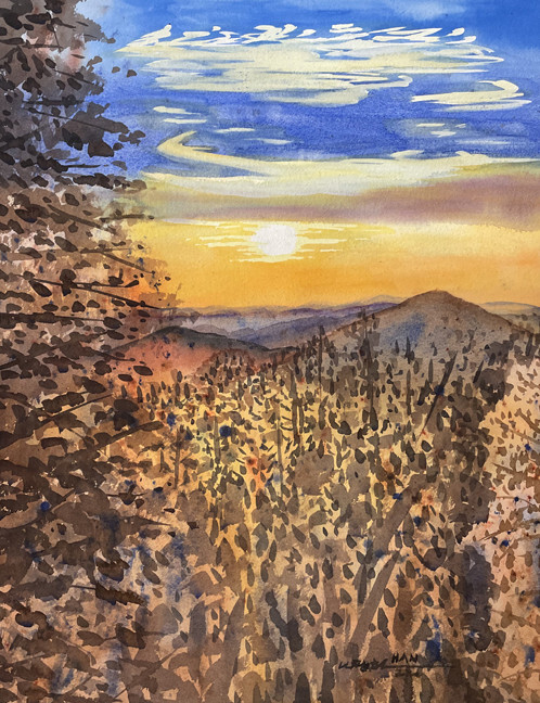 Smoky Mountain, Fall, Sunset, Original Watercolor Painting, Signed, 18×23.5, Art