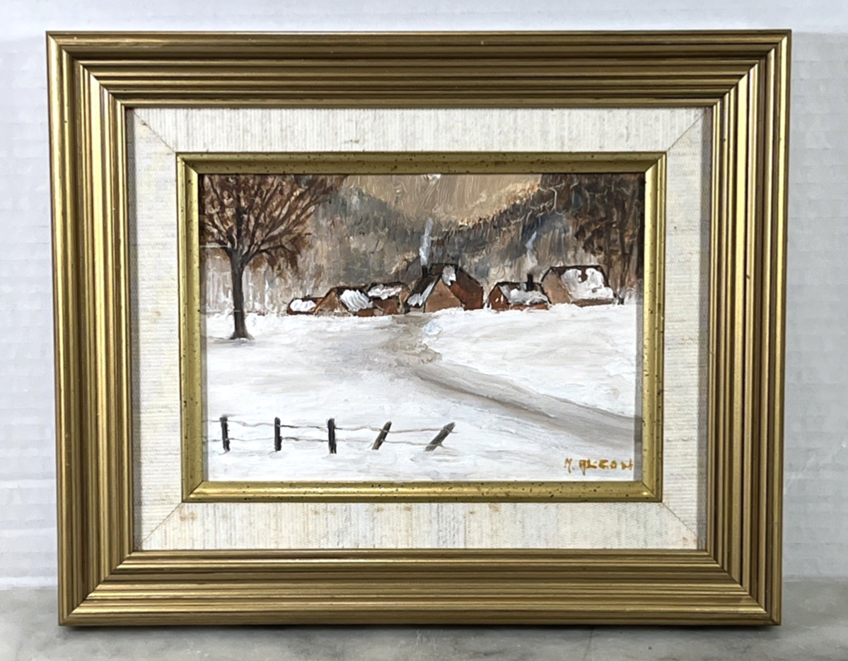 Framed Oil Painting Winter Snow Ice Scene Signed M. Alcon 10.5”x 9”