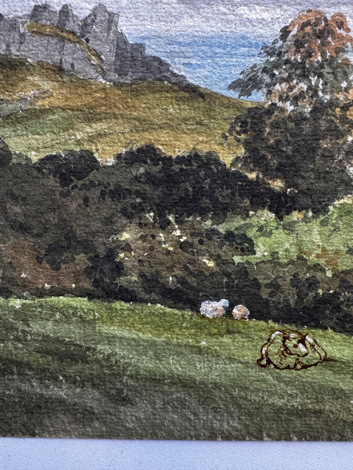 Vintage 19th Century Watercolor Landscape Scenic Painting Cows Meadow Rocky 13×9