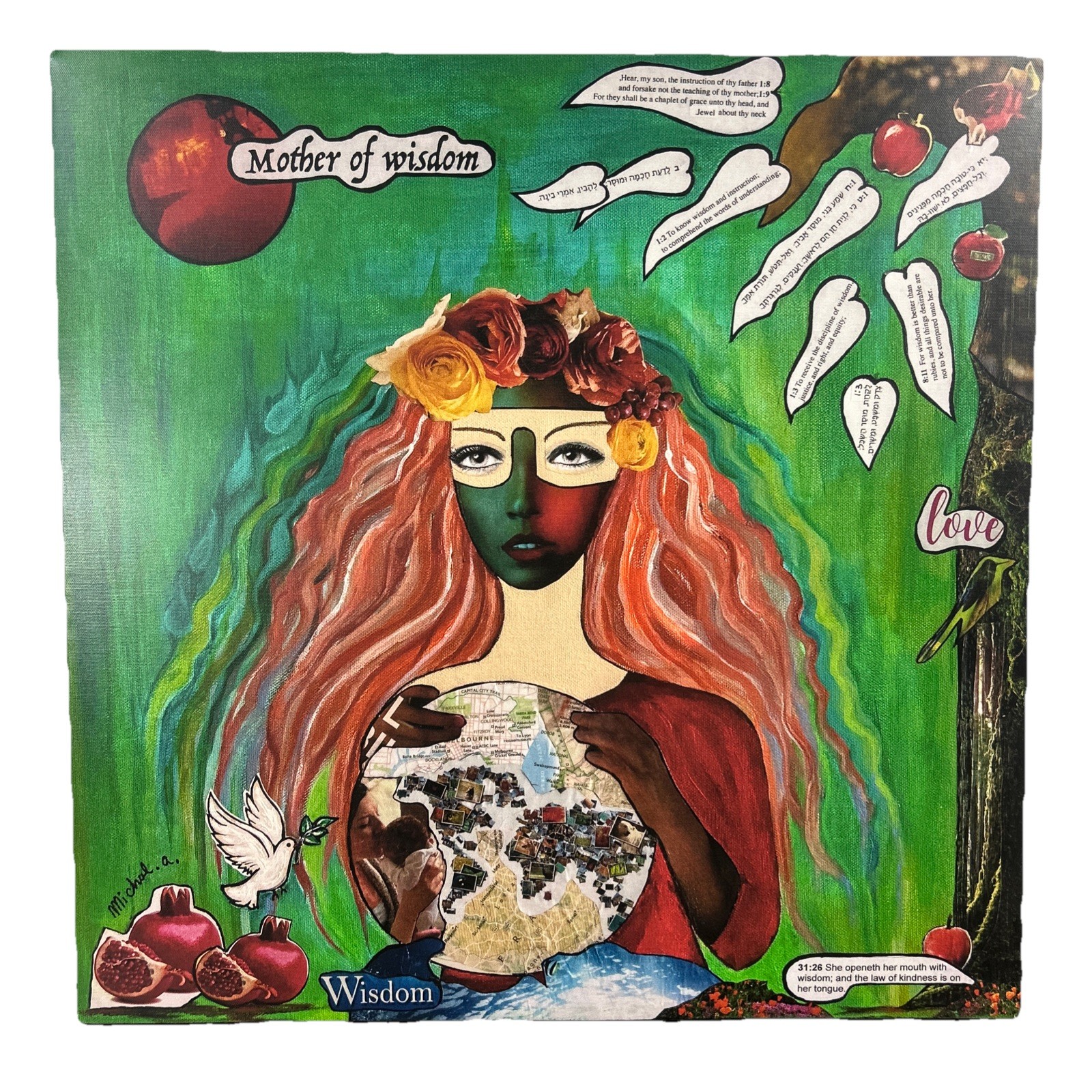 Mother of Wisdom 24×24 Mixed Media Painting Woman Dove Globe Folk Art Michal A