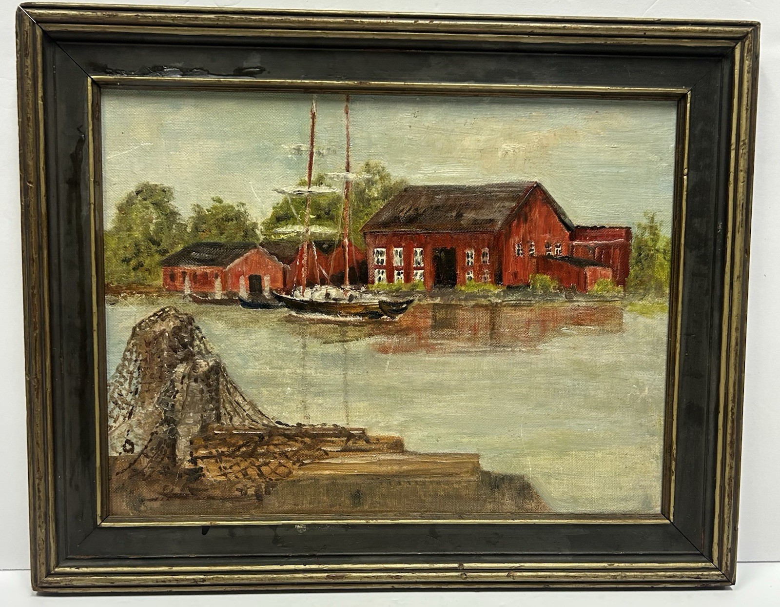 Vintage Original Oil Painting Boat House Harbor Scene Red Buildings Dockside