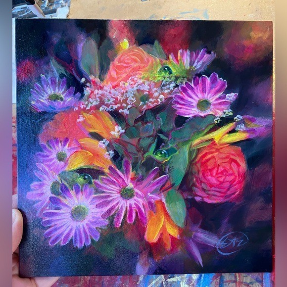 Original Floral Still Life Painting realism art Flower Bouquet surreal ladybugs
