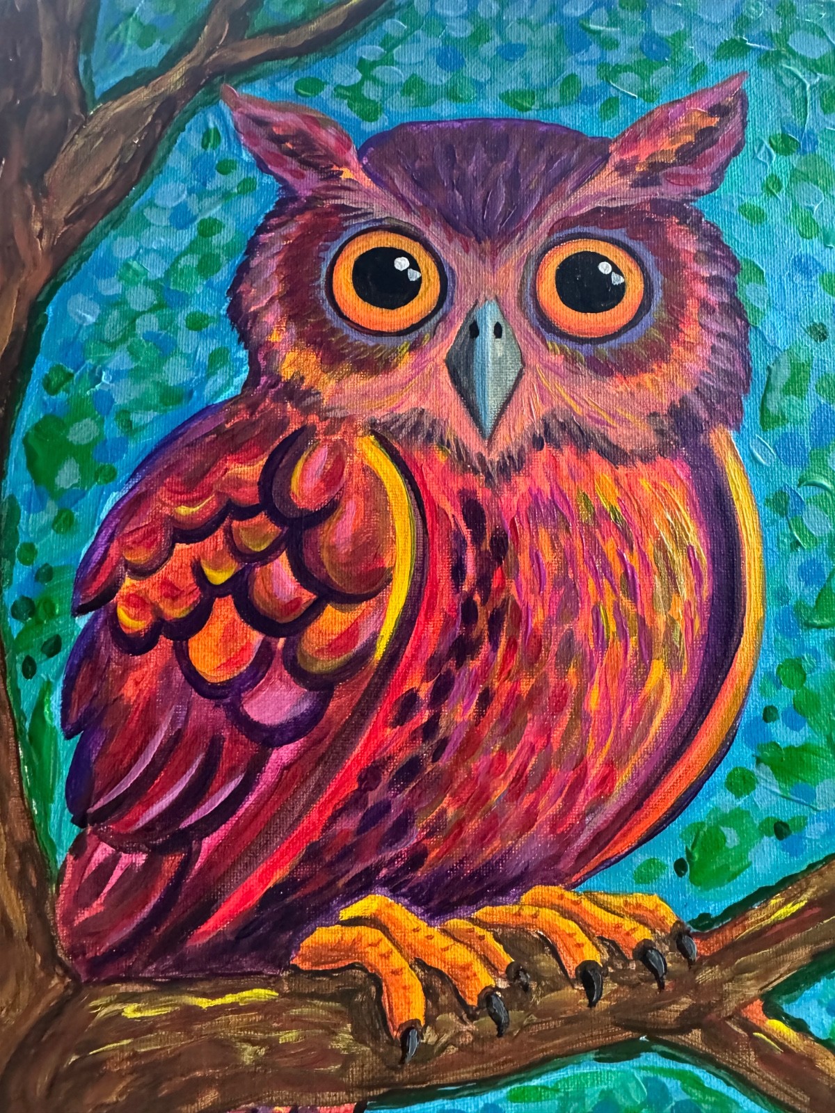 Cottage Core Woodland Owl Original Painting 11×14 Jewel Tone Wall Decoration