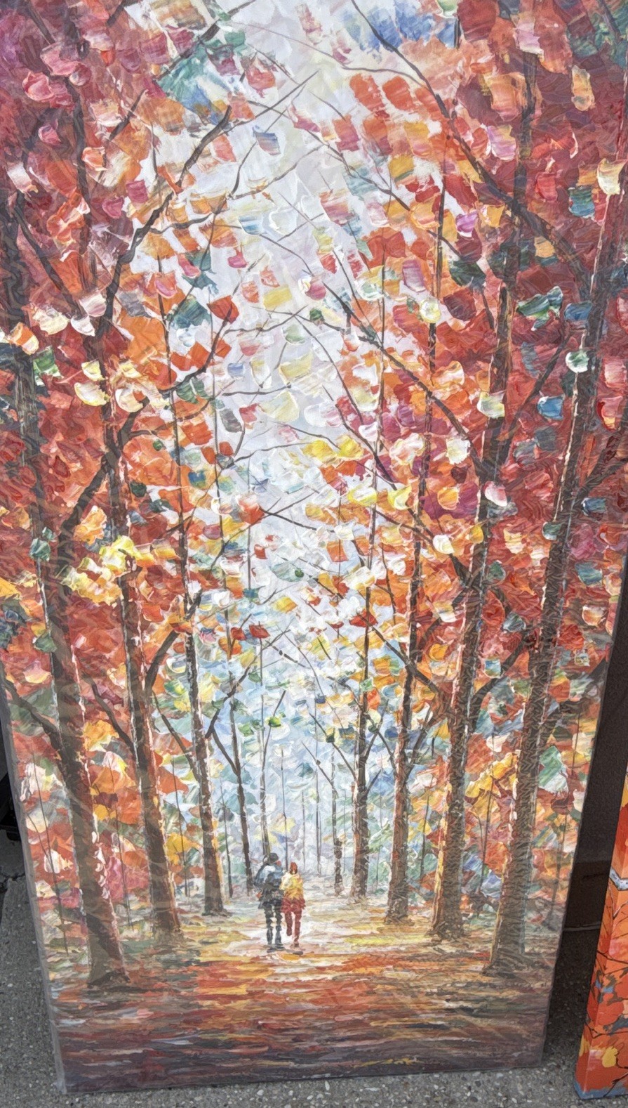Hand-Painted Impressionist Forest Path Landscape Painting, Autumn Trees Couple