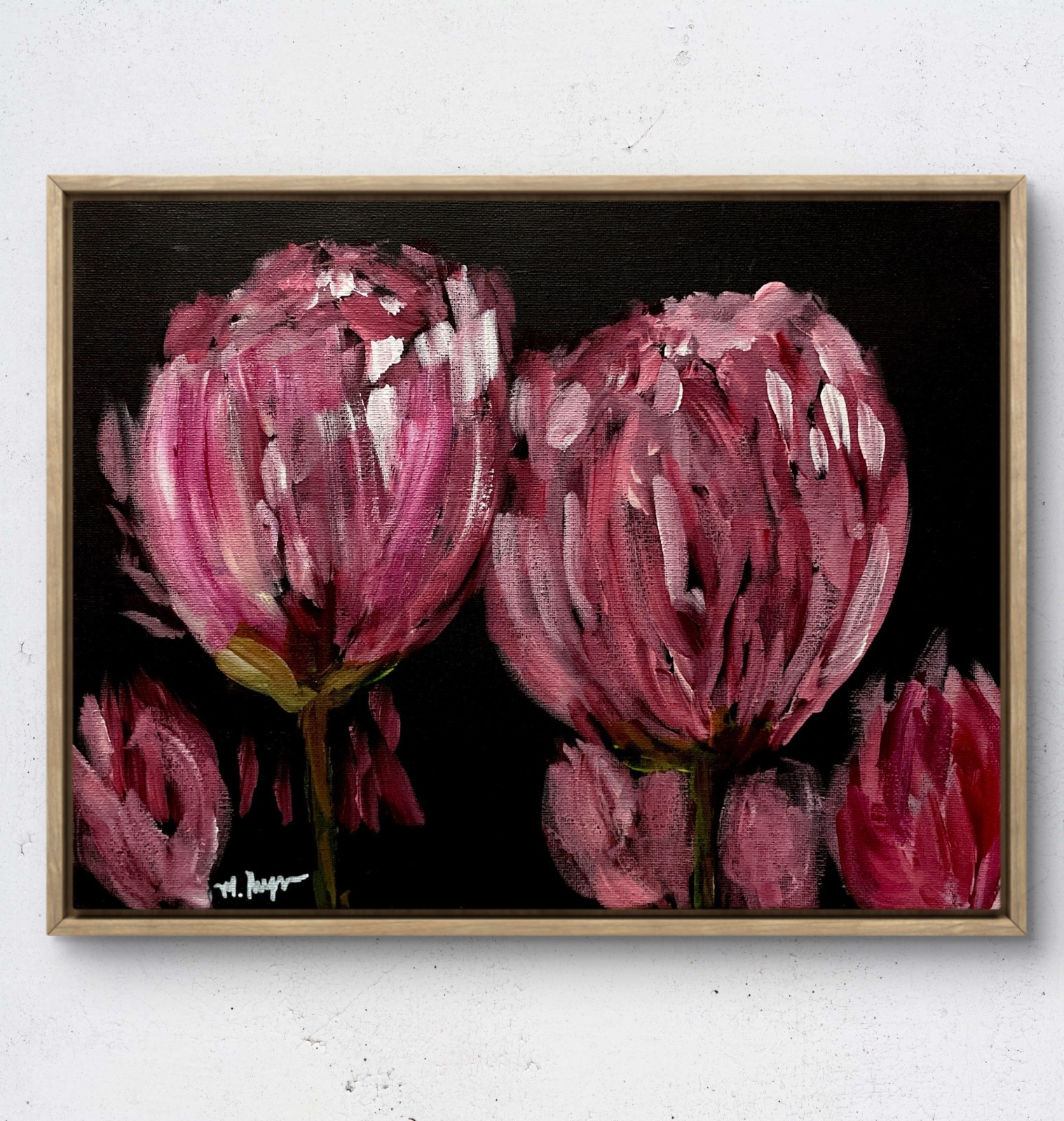 Mary Myers Original Pink Tulip Flowers 11×14 Acrylic Signed Expressionist