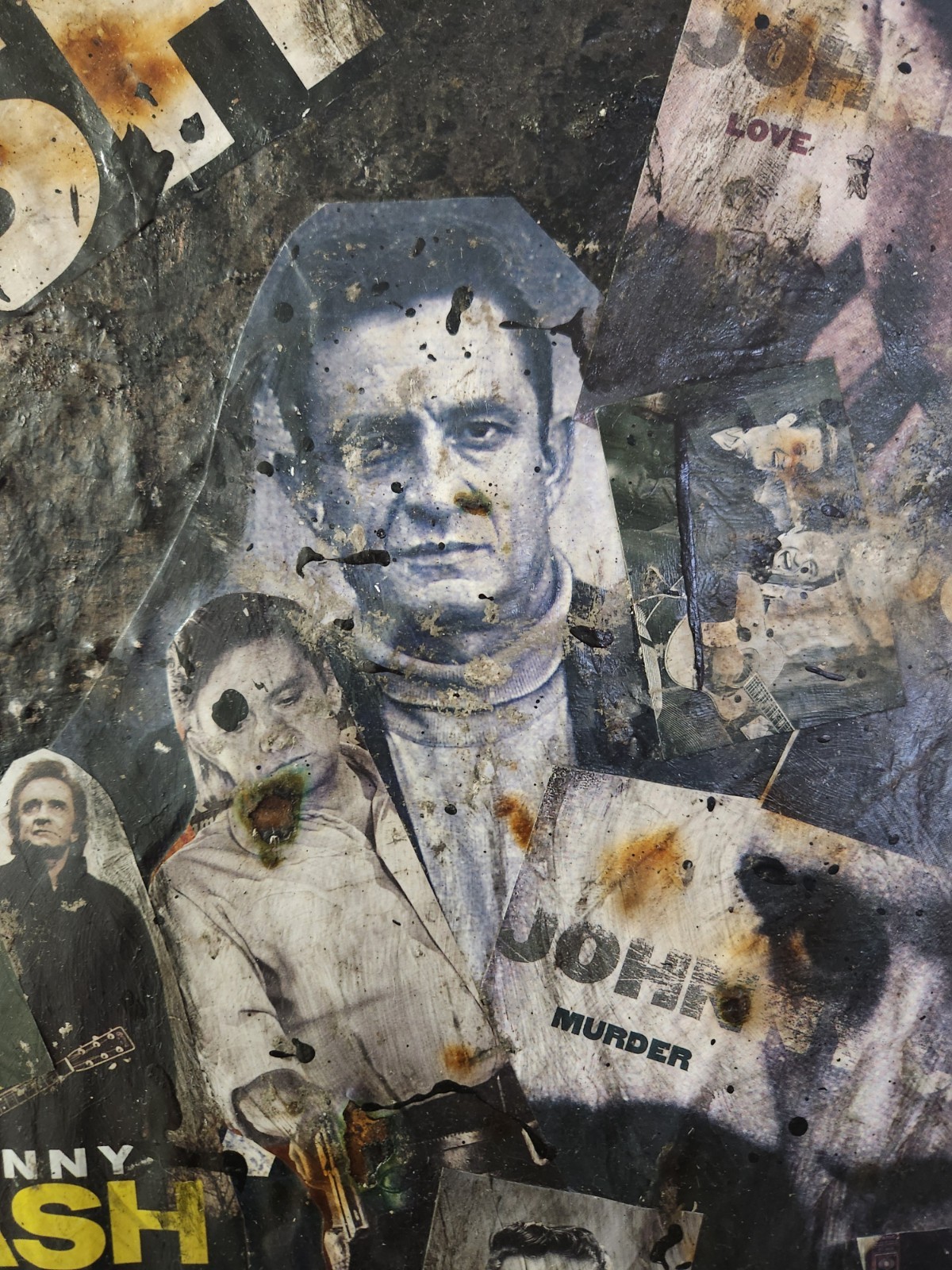 Large Johnny Cash Acrylic Canvas Collage Art. Heavily Textured & Burned! 16X20