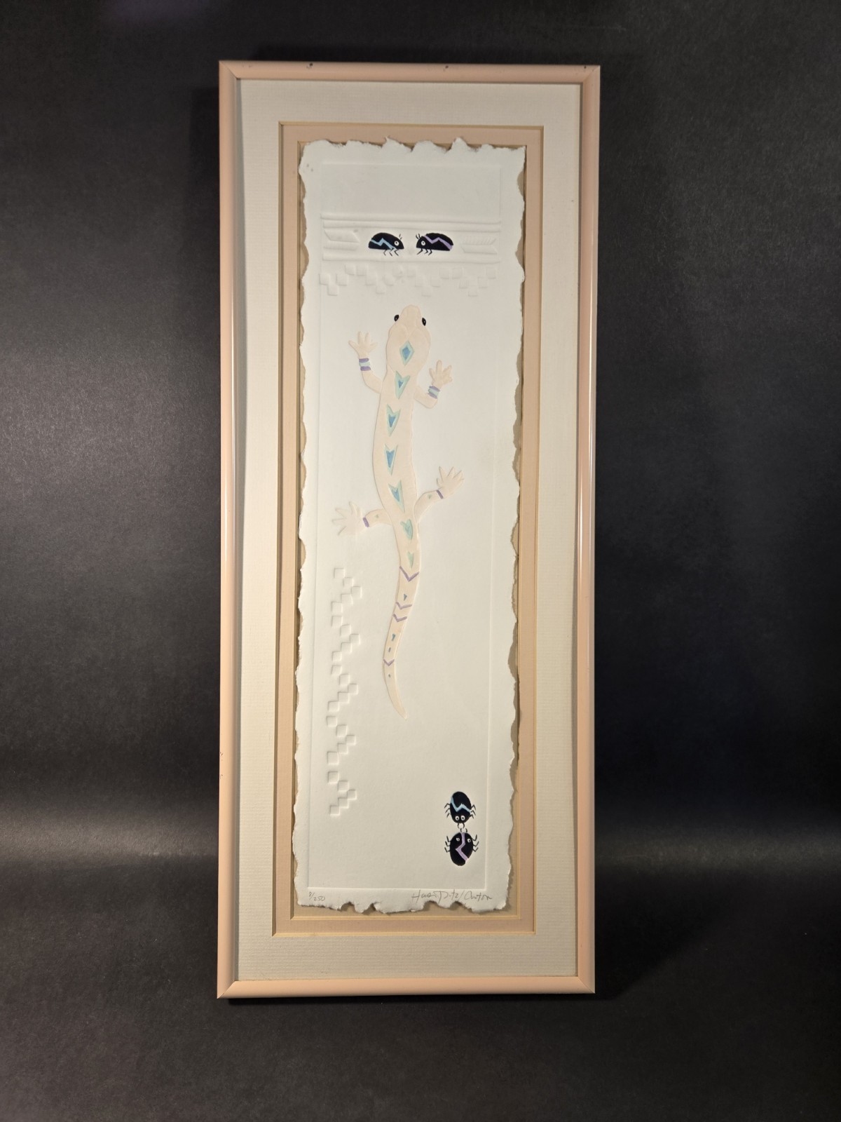 Handmade Embossed Paper Lizard Painting Signed Numbered Southwest Style VTG Art