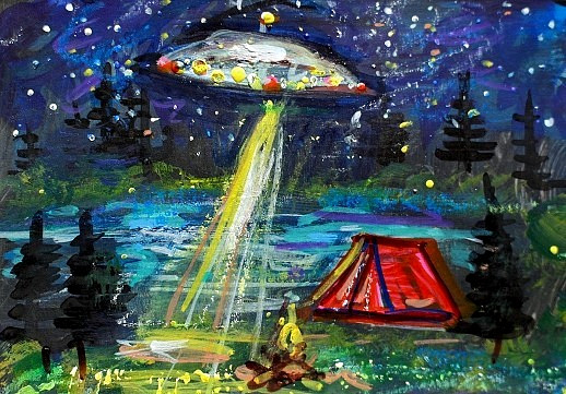 Original ACEO Painting ALIEN Spaceship Stars Night TREES Camping UFO ATC ART