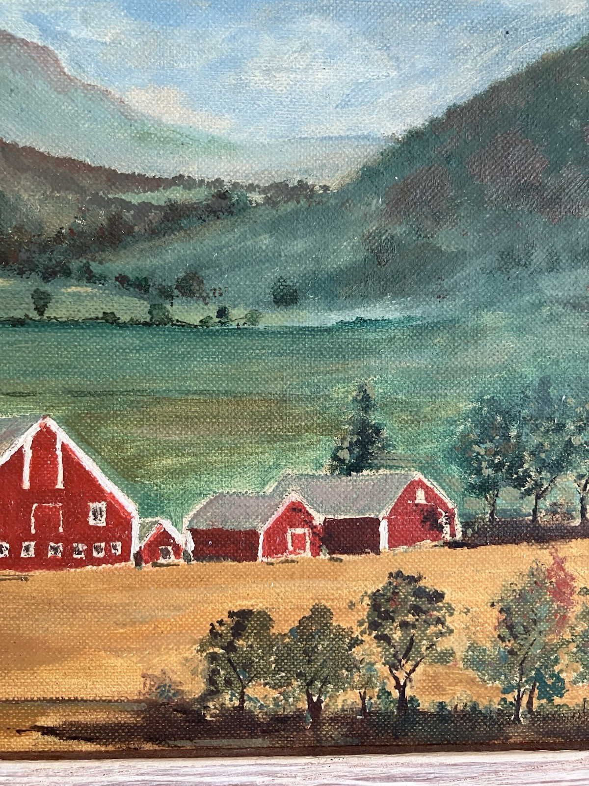 Vintage 50s Framed Primitive Folk Art Farm Barn Landscape Oil Painting 10×13