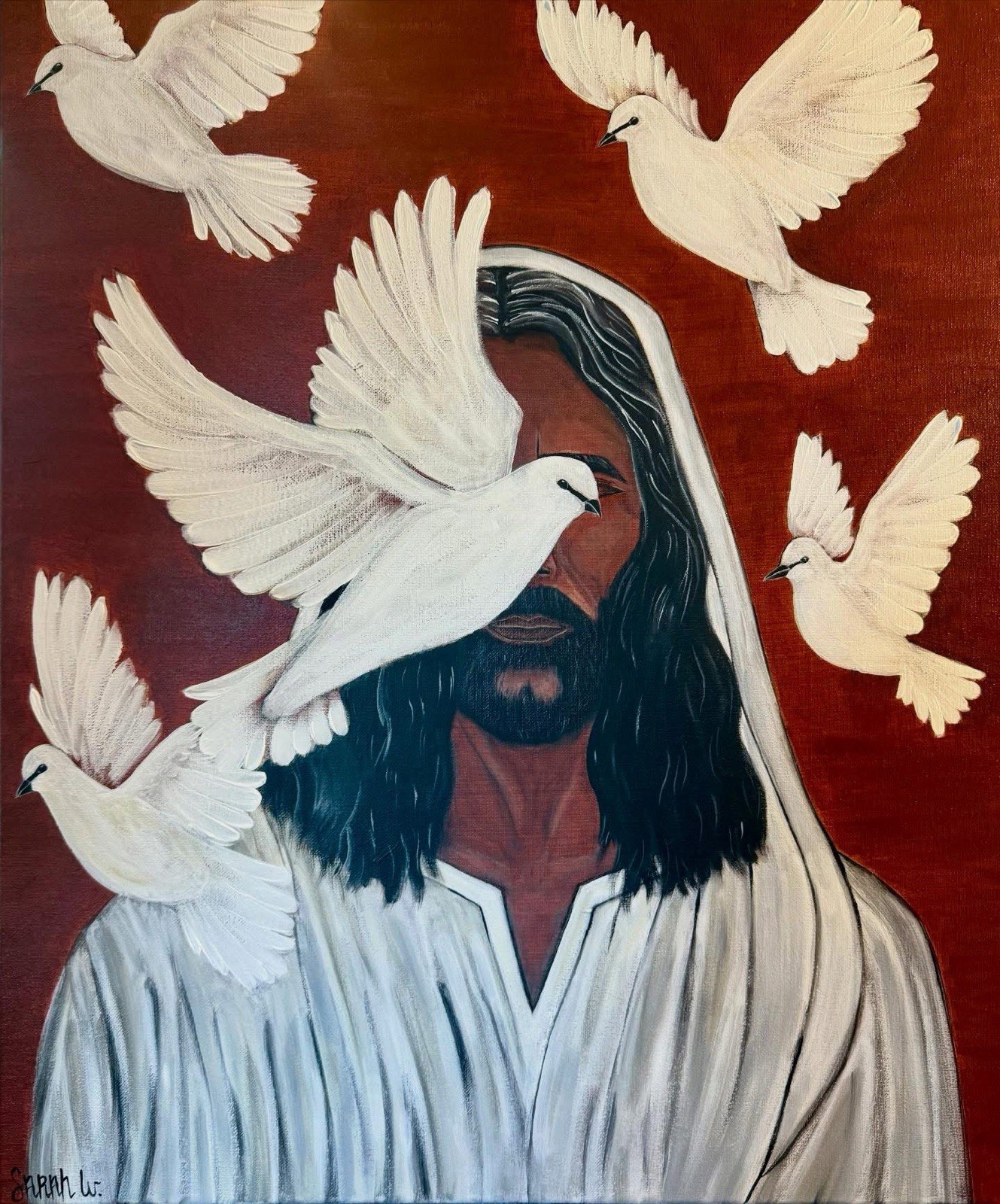 Original Painting of Jesus Doves Holy Spirit Christian Art Faith Religious