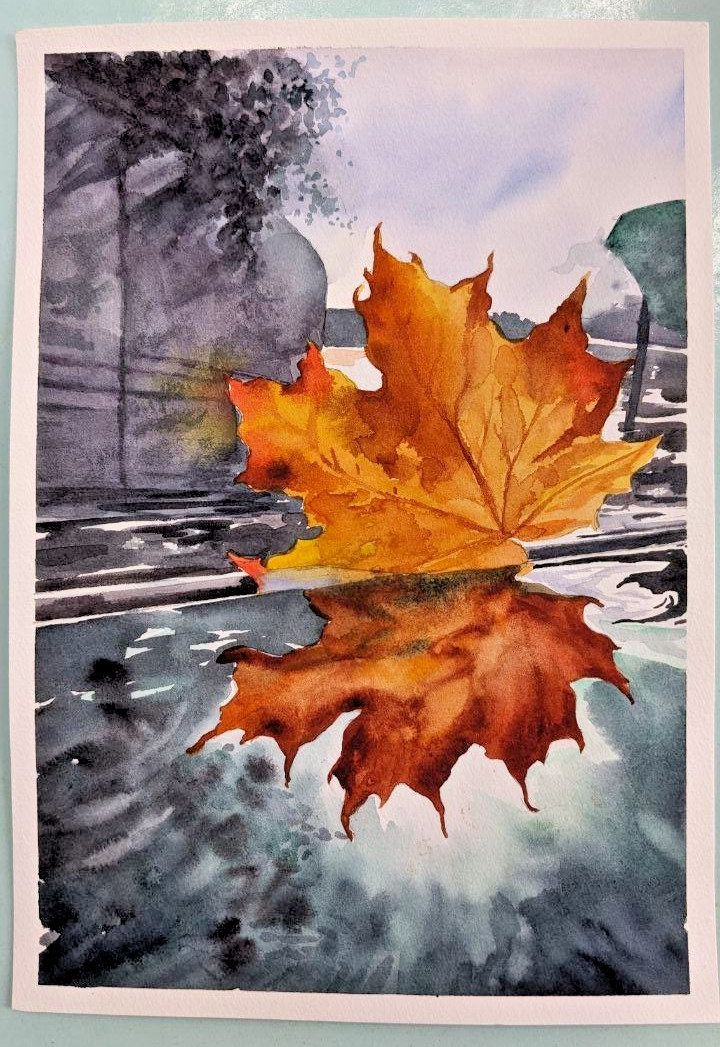 Autumn Orange Leaf in Puddle Reflection Watercolor Painting Seasonal City A4 Art