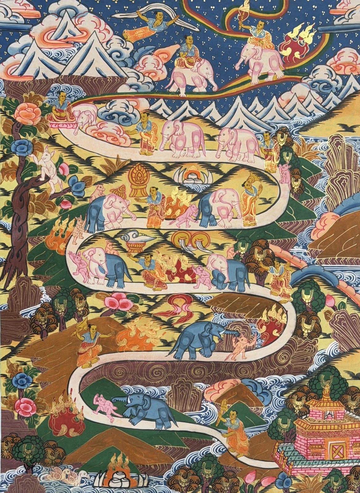 SAMATHA MEDITATION /WAY TO HEAVEN ORIGINAL MASTERPIECE TIBETAN THANGKA PAINTING