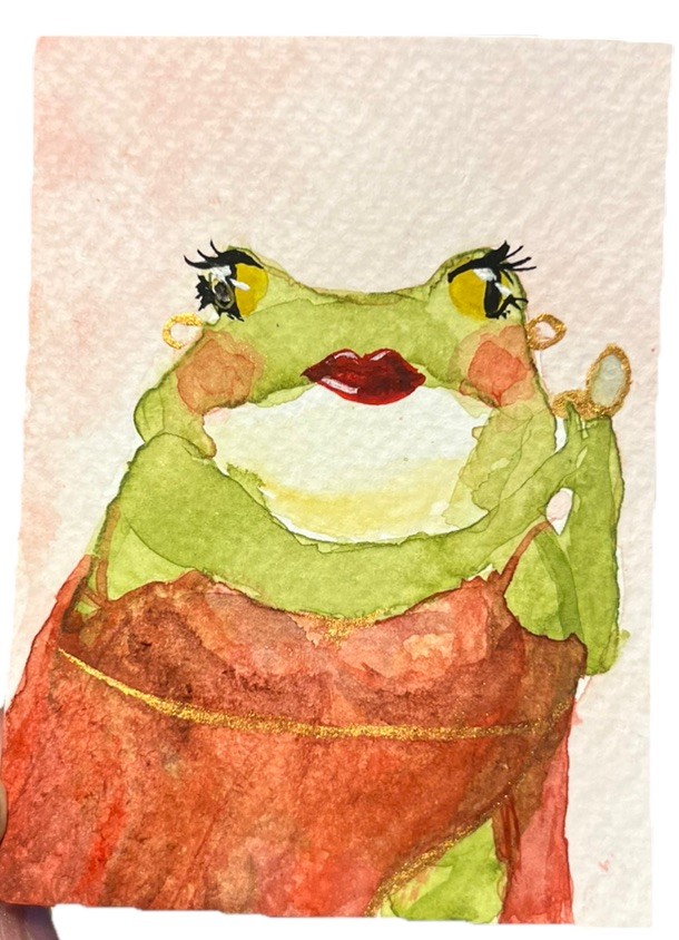 ACEO PRINT Valentines Day Date Night Frog Lady Watercolor Painting 3.5×2.5 in