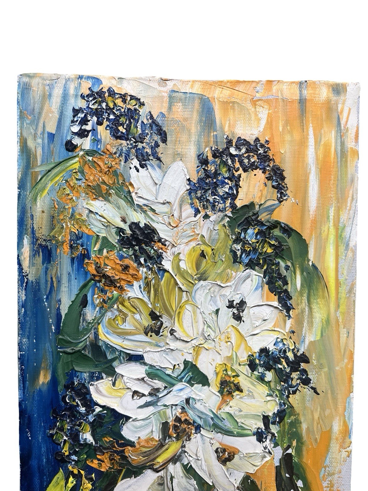 Vtg Palette Knife Impasto Impressionist Oil Painting Flowers Vase Signed 8″x16″