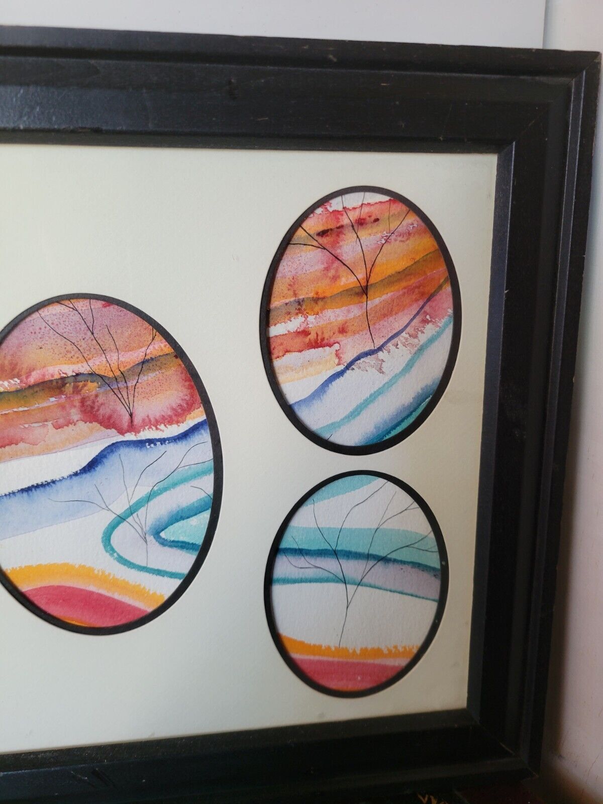 Framed Abstract Landscape Collage with Multi-Oval Cutouts